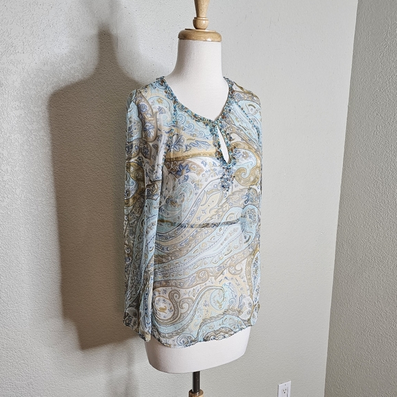 ECI International New York 100% Silk Paisley long sleeve top Size Small - Picture 2 of 6